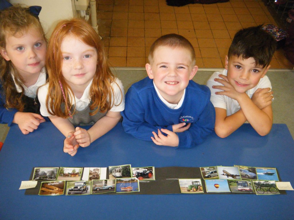 Year i pupils and their photos of modes of transport through the ages